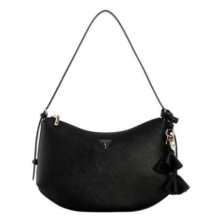 Sac à main porté épaule noir avec breloques pompoms en simili-cuir