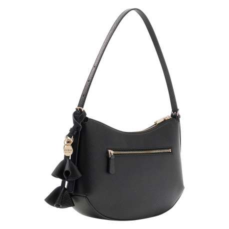 Sac à main porté épaule noir avec breloques pompoms en simili-cuir - Image 2