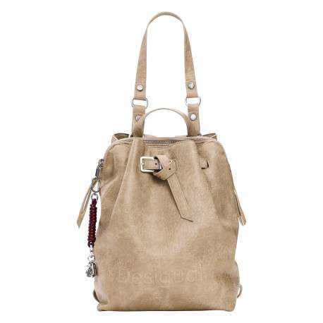 Sac à dos beige pourvu de multiples compartiments de rangement