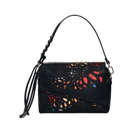 Sac à bandoulière noir en maille texturée pourvu d'une fermeture zippée