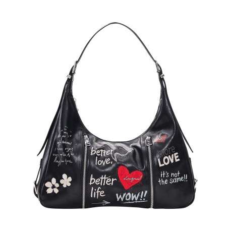 Sac à main porté épaule noir pourvu d'une anse réglable avec boucles métalliques