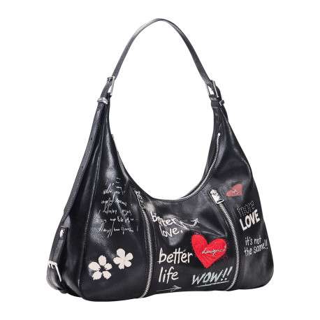 Sac à main porté épaule noir pourvu d'une anse réglable avec boucles métalliques - Image 2