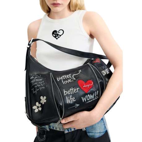 Sac à main porté épaule noir pourvu d'une anse réglable avec boucles métalliques - Image 6