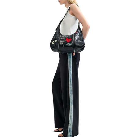 Sac à main porté épaule noir pourvu d'une anse réglable avec boucles métalliques - Image 7