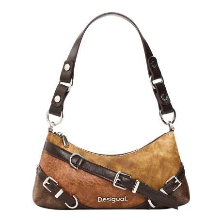 Sac à bandoulière brun format hobo compact pourvu d'une anse plate amovible