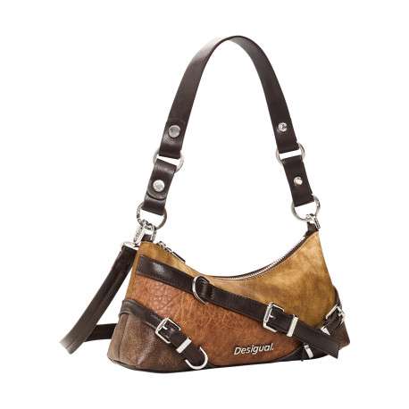 Sac à bandoulière brun format hobo compact pourvu d'une anse plate amovible - Image 2