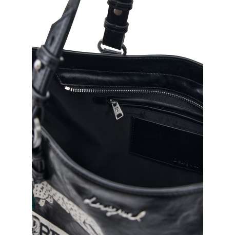 Sac à main noir en maille lisse orné de broderies contrastées à l'avant - Image 3