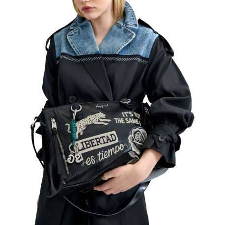 Sac à main noir en maille lisse orné de broderies contrastées à l'avant - Image 6