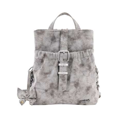 Sac à dos gris pourvu d'une fermeture zippée et d'un porte-clés amovible