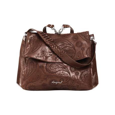 Sac à dos brun texturé pourvu de bretelles et d'une anse amovibles