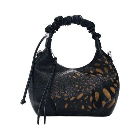 Sac à main porté épaule noir forme banane pourvu d'une anse froncée