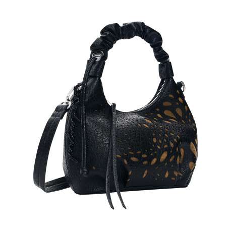 Sac à main porté épaule noir forme banane pourvu d'une anse froncée - Image 2