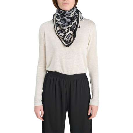 Foulard carré à imprimé léopard gris et bordures contrastées noires