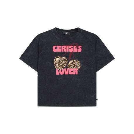 T-shirt en coton anthracite délavé avec un imprimé ""Cerises Lover"" léopard