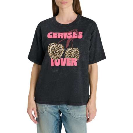 T-shirt en coton anthracite délavé avec un imprimé ""Cerises Lover"" léopard - Image 3