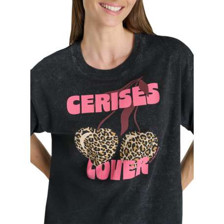 T-shirt en coton anthracite délavé avec un imprimé ""Cerises Lover"" léopard - Image 4