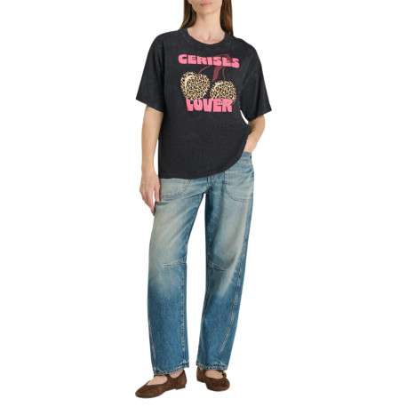 T-shirt en coton anthracite délavé avec un imprimé ""Cerises Lover"" léopard - Image 5