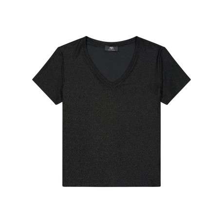 T-shirt col V en maille scintillante à manches courtes pourvu d'une coupe droite