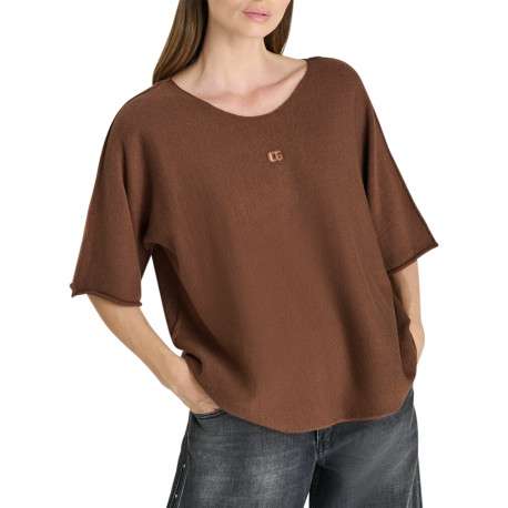 Top chocolat en maille fine avec des manches courtes et une coupe droite - Image 4