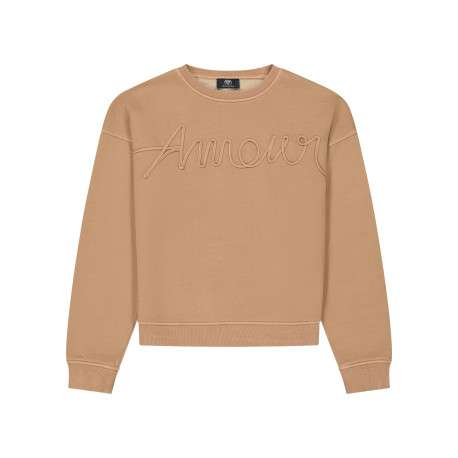 Sweat col rond camel avec une broderie ""Amour"" sur la poitrine