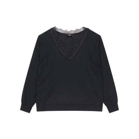 Pull noir à col en V orné de dentelle doté d'une coupe ample