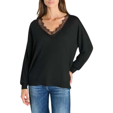Pull noir à col en V orné de dentelle doté d'une coupe ample - Image 3
