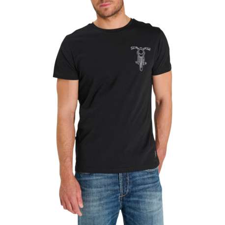 T-shirt col rond en coton noir avec imprimé moto sur la poitrine