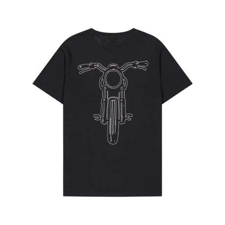 T-shirt col rond en coton noir avec imprimé moto sur la poitrine - Image 2