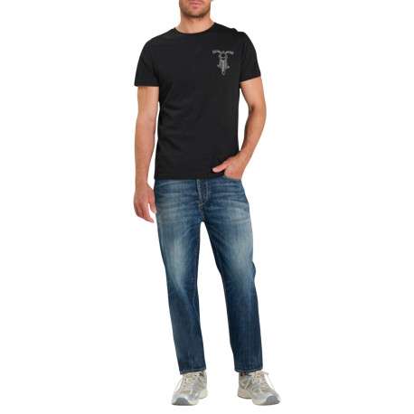 T-shirt col rond en coton noir avec imprimé moto sur la poitrine - Image 3