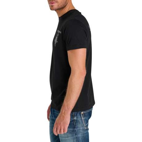 T-shirt col rond en coton noir avec imprimé moto sur la poitrine - Image 4