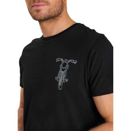T-shirt col rond en coton noir avec imprimé moto sur la poitrine - Image 5