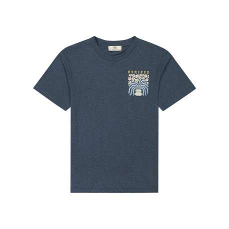 T-shirt en coton bleu imprimé à coupe droite pourvu d'un col rond