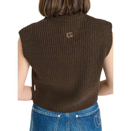 Pull marron sans manches en maille côtelées épaisse avec une coupe droite - Image 2