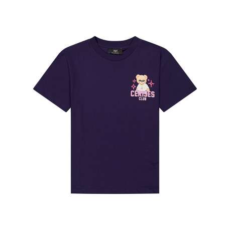 T-shirt en coton marine imprimé à coupe droite pourvu d'un col rond