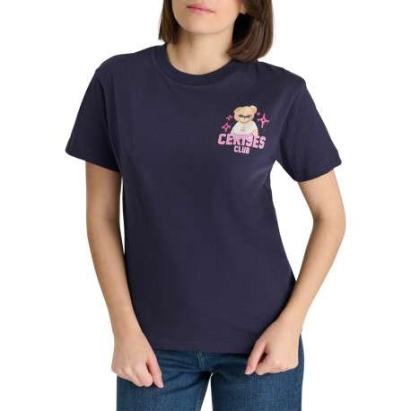 T-shirt en coton marine imprimé à coupe droite pourvu d'un col rond - Image 2