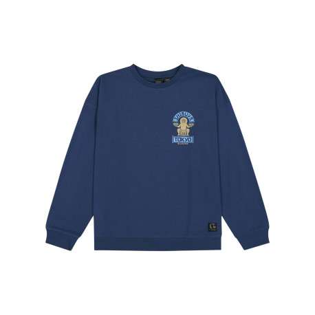 Sweat-shirt à col rond en coton bleu marine à imprimé Tokyo au dos