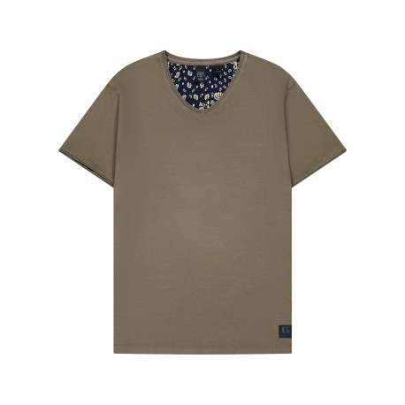 T-shirt en coton taupe avec une coupe droite pourvu d'un col V