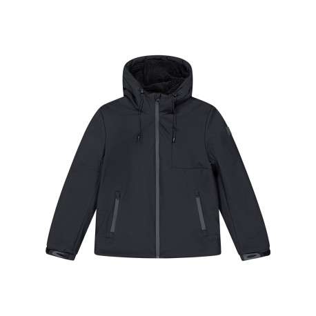 Parka noire à coupe droite pourvue d'un col à capuche avec cordon de serrage
