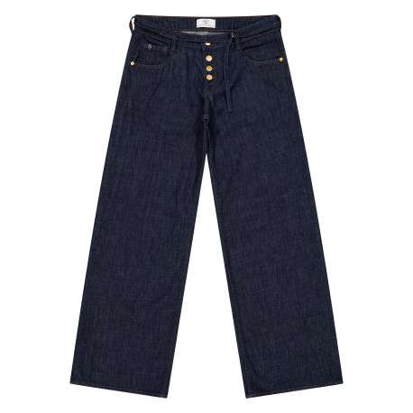 Jean coupe bootcut en coton bleu marine avec une ligne de boutons dorés