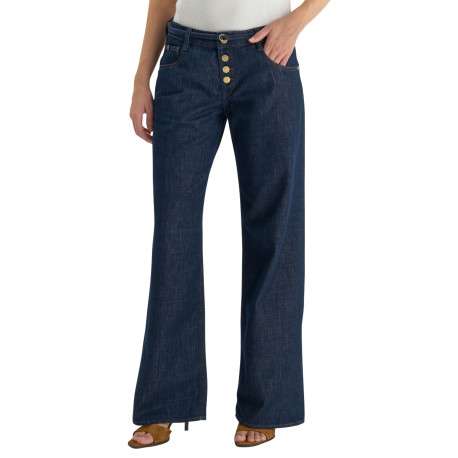 Jean coupe bootcut en coton bleu marine avec une ligne de boutons dorés - Image 3