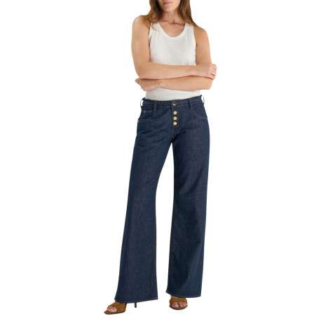 Jean coupe bootcut en coton bleu marine avec une ligne de boutons dorés - Image 4