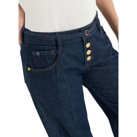 Jean coupe bootcut en coton bleu marine avec une ligne de boutons dorés - Image 5