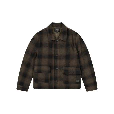 Veste noire et taupe à carreaux pourvue d'un col à revers et à manches longues