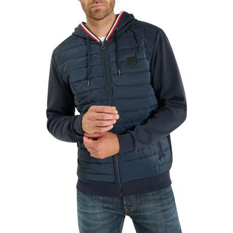 Veste bi-matière zippé bleu marine à coupe droite avec un col à capuche