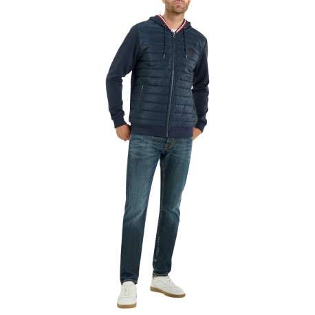Veste bi-matière zippé bleu marine à coupe droite avec un col à capuche - Image 3