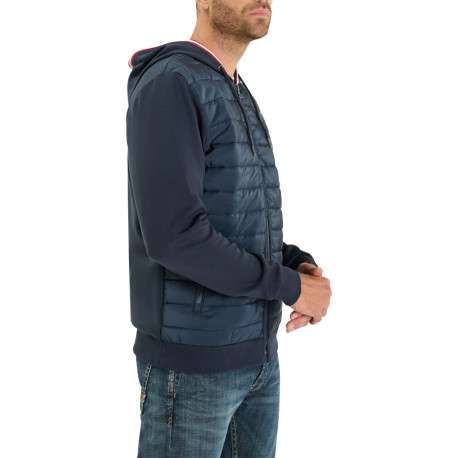Veste bi-matière zippé bleu marine à coupe droite avec un col à capuche - Image 4