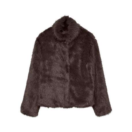 Manteau marron uni en fourrure synthétique avec un col montant