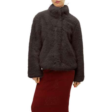Manteau marron uni en fourrure synthétique avec un col montant - Image 2