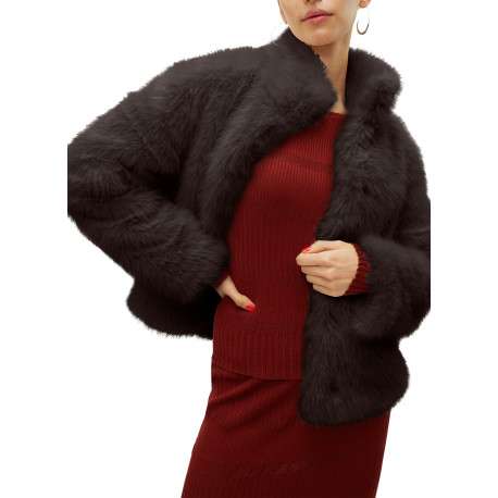 Manteau marron uni en fourrure synthétique avec un col montant - Image 3
