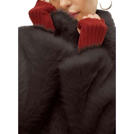 Manteau marron uni en fourrure synthétique avec un col montant - Image 5